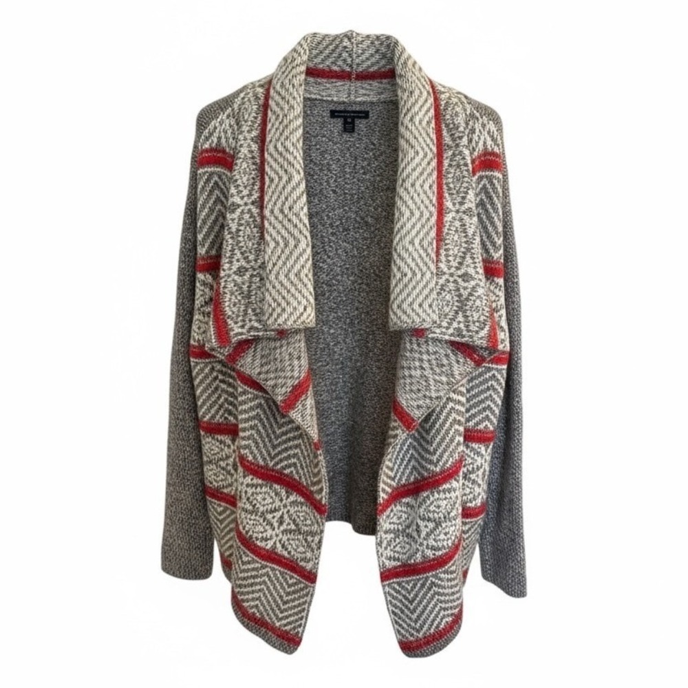 American Eagle Womens Grey Red Geometric Open Front Drape Cardigan Sweater L